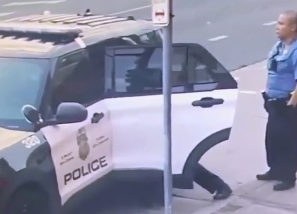 Шовин пытается посадить Флойда в машину. Пока все это происходит, офицер Тао просто наблюдает за тем, что происходит.