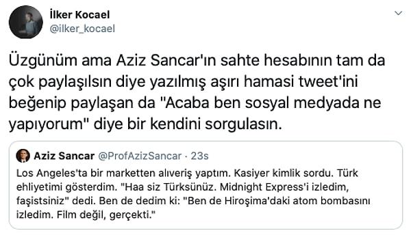 4. Twitter'da Aziz Sancar'ın adını kullanan bir hesabın paylaştığı anı birçok insan tarafından gerçek sanıldı ve tweet viral oldu. Hesabın Aziz Sancar'a ait değil, parodi bir hesap olduğu anlaşıldı.