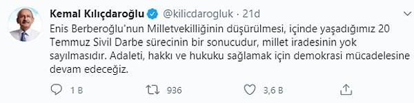 Kılıçdaroğlu: "Enis Berberoğlu'nun milletvekilliğinin düşürülmesi, millet iradesinin yok sayılmasıdır"