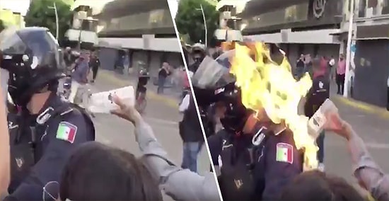 Polis Karşıtı Gösterilerde Polisin Üzerine Benzin Döküp Ateşe Verdiler