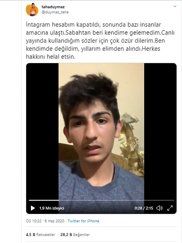 Ancak talihsizlik mi denir ya da tecrübesizlik mi bilinmez Taha'nın Instagram hesabı dün gece kapatıldı! Kendi Twitter hesabından sevenlerine bir açıklama yaptı.