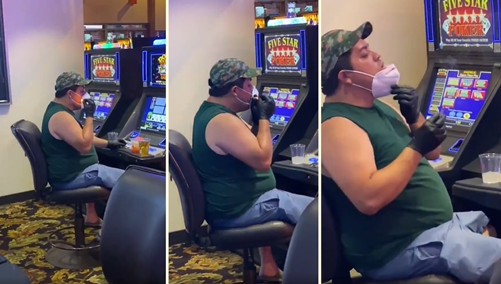 Casino'ların Tekrar Açıldığı Vegas'ta Maskesi Takılıyken Sigara İçmeye Çalışan Adam