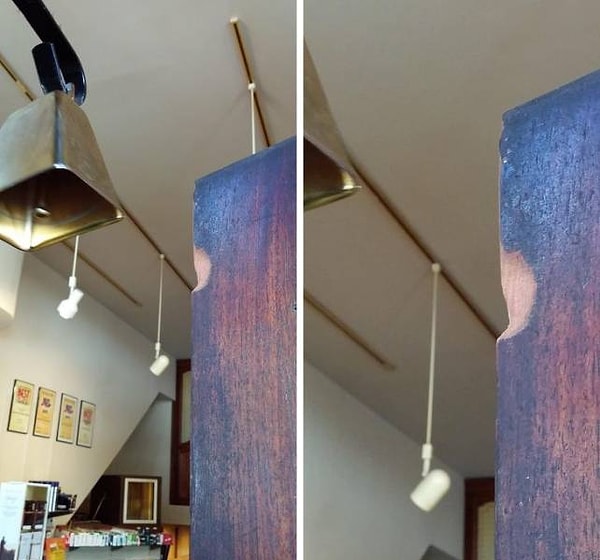 16. Деревянная дверь, когда в течение 30 лет она бьется об звонок в одном и том же месте.