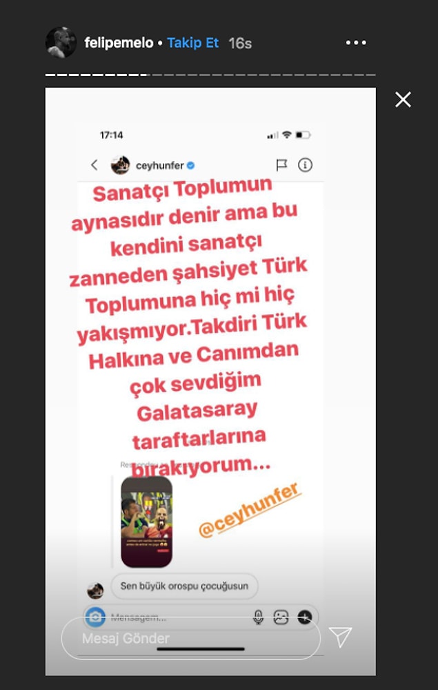 Melo da bunun üzerine Ceyhun Fersoy'un mesajını ifşa etti: “Kendini sanatçı zanneden bu şahsiyet Türk toplumuna hiç yakışmıyor.”