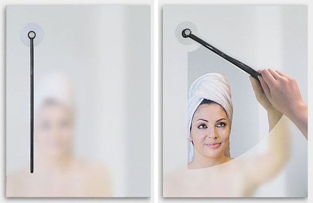 8. Buğulanan banyo camları için tasarlanan araba sileceği benzeri bu aparatlar:
