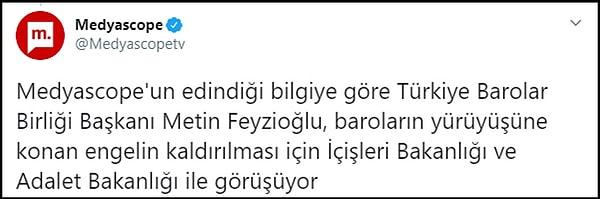 Medyascope, Türkiye Barolar Birliği Başkanı Metin Feyzioğlu'nun İçişleri ve Adalet Bakanlığı ile görüştüğü bilgisini aktardı.
