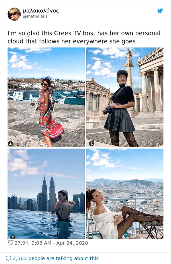 1. Радует, что у этой греческой телеведущей есть свое личное облако, которое сопровождает ее везде, куда бы она ни пошла