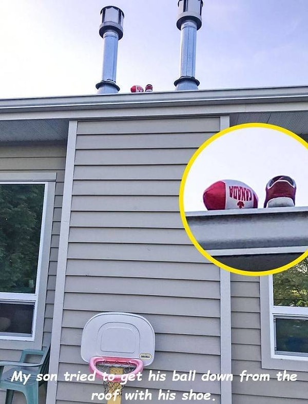 5. "Мой сын пытался достать мяч с крыши своим кроссовком"