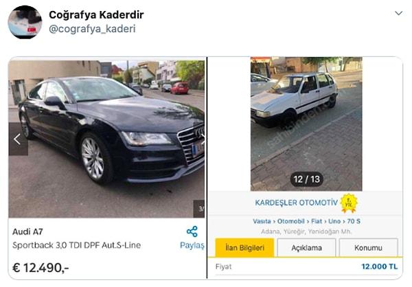 Audi A7 yurt dışında 12 bin Euro gibi bir fiyattan satın alınabilirken, Türkiye'de 12 bin TL skalasında alabileceğiniz araçlar bu şekilde: