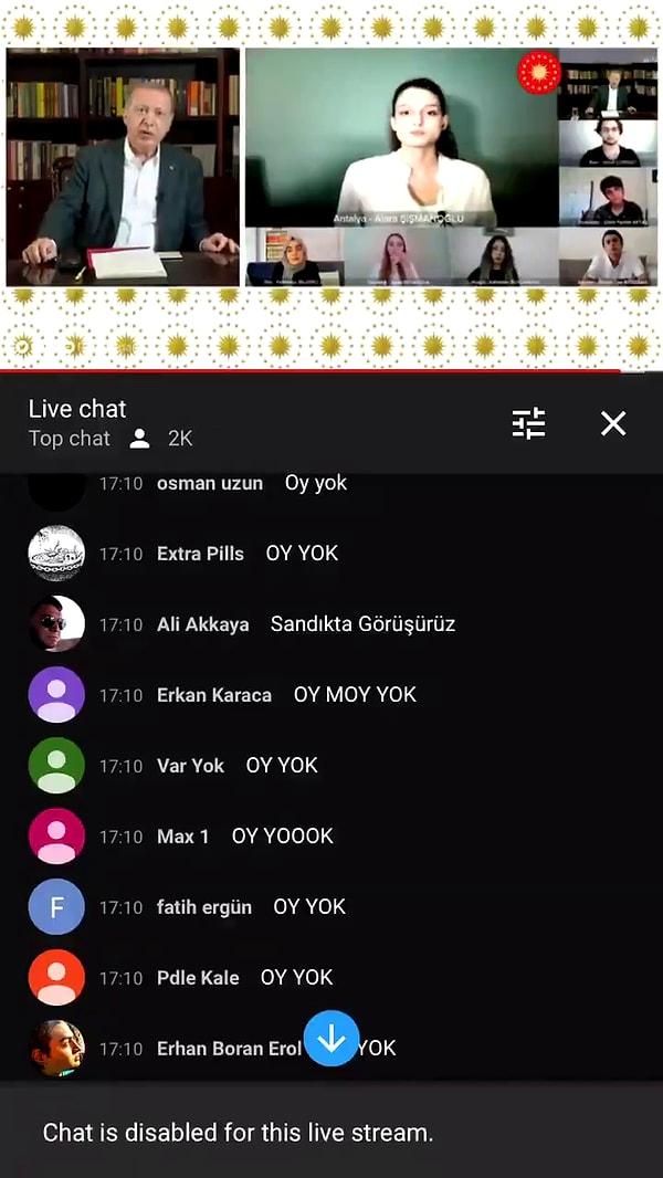 Erdoğan'ın konuşmasını sürdürdüğü sırada YouTube'da pek çok kişi seri şekilde "Oy moy yok", "sandıkta görüşürüz" gibi yorumlar yaptı.