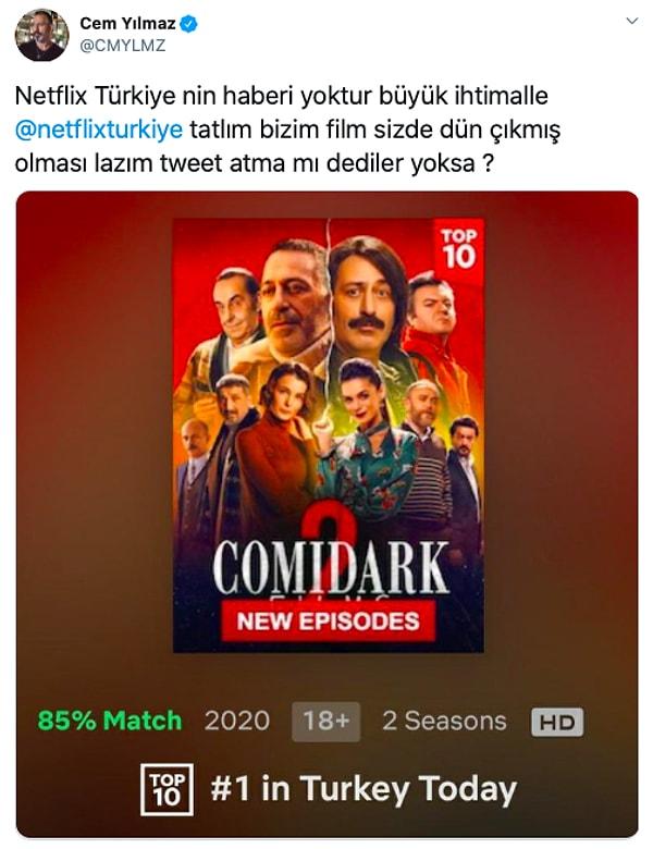 Genelde yayınlanacak film ve dizileri resmi hesaplarından duyuran Netflix Türkiye hesabı Cem Yılmaz'ın filmiyle ilgili bir duyuru yapmayınca bu durum Cem Yılmaz'ı epey bir kızdırdı...