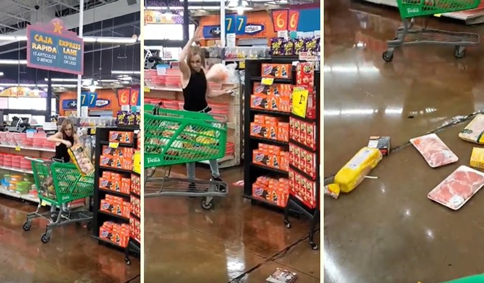 Uyarılara Rağmen Markette Maske Takmayan Kadın Sepetine Koyduğu Ürünleri Etrafa Fırlattı!