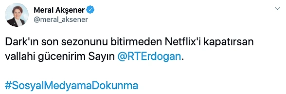 Partisinin tweetini alıntılayan Akşener, 'Dark' dizisi üzerinden Erdoğan'a yüklendi.