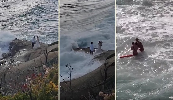 Düğün Fotoğrafı Çektirmek İçin Çok Yanlış Yer Seçen Çift Dalganın Çarpması ile Kendilerini Okyanusta Buldu
