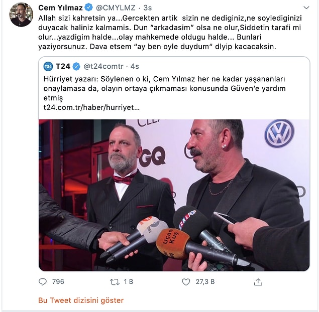 Her şey buraya kadar normalken Hürriyet yazarı Onur Baştürk köşesinde "Cem Yılmaz her ne kadar yaşananları onaylamasa da, olayın ortaya çıkmaması konusunda Güven’e yardım etmiş. " yazınca Cem Yılmaz da açtı ağzını yumdu gözünü.