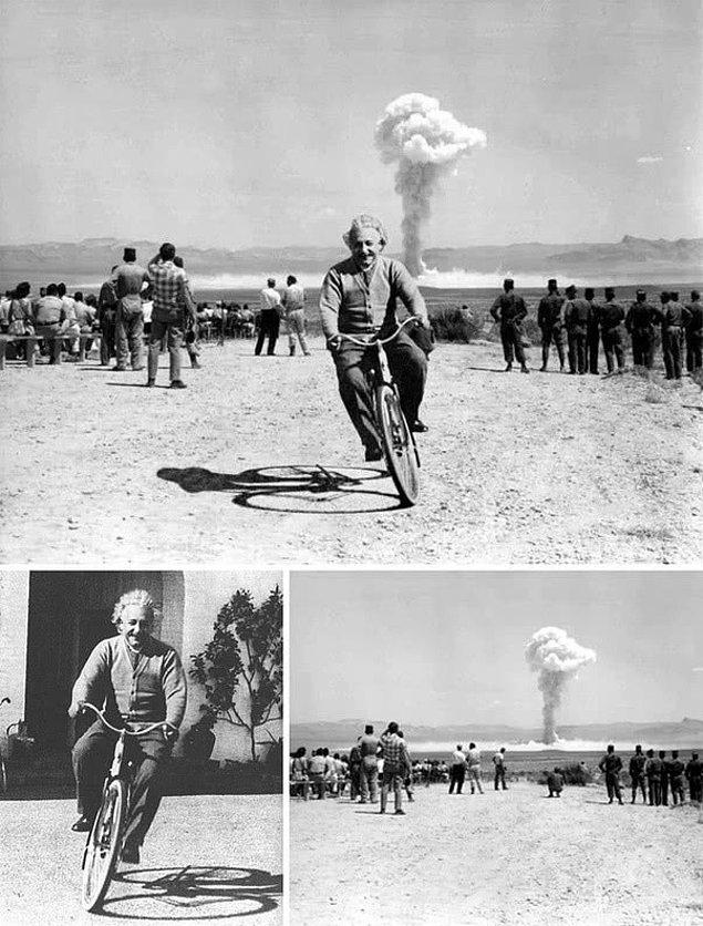 6. Einstein'ın atılan atom bombasını gerisinde bırakarak bisiklet sürdüğü bu fotoğraf, iki farklı görselin birleştirmesiyle oluşturulmuş.