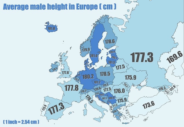 12. Erkeklerin boy ortalamasını gösteren bu Avrupa haritasında sürpriz bir birincimiz var!