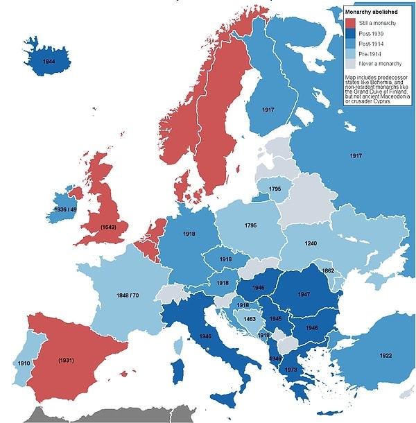 15. Monarşinin hangi ülkede kaç yılında kalktığını gösteren Avrupa haritası