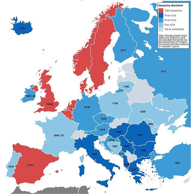 15. Monarşinin hangi ülkede kaç yılında kalktığını gösteren Avrupa haritası