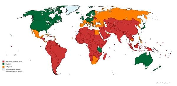 19. Tuvalet kağıdı kullanma alışkanlıklarını gösteren bu harita da oldukça enteresan