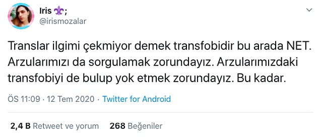 Biseksüel transfeminist model İris Mozalar, trans bir erkeği arzulamadığını söyleyen bir kişiye bu tepkiyi verdi.