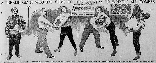 Amerikan The San Francisco Call gazetesi 20 Mart 1898'te okuyucularına Koca Yusuf'u şöyle tanıtır, “Tüm rakipleriyle güreşmek için ülkeye gelen bir Türk devi.”