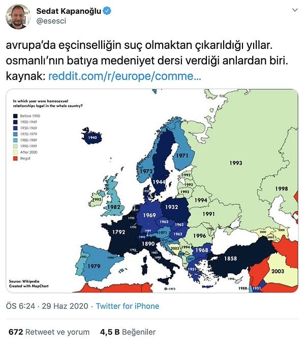 Harita Avrupa'da eşçinselliği suç kapsamından çıkaran ülke ve imparatorlukları gösteriyordu.