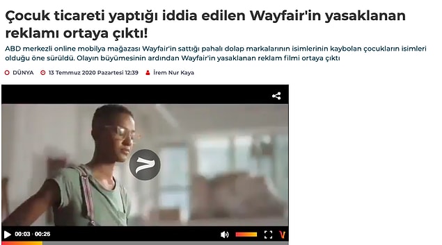 2. "Çocuk ticareti yaptığı söylenen Wayfair firmasına ait yasaklanan reklamın ortaya çıktığı iddiası"