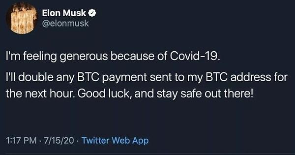 Aşağıda gördüğünüz bu tweet, Elon Musk’ın hesabı ele geçirildikten sonra atılan bitcoin tweetlerinden biri.