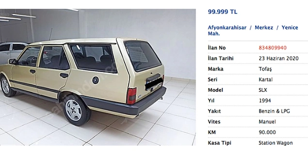 En acımasız olandan başlayalım! 90 bin KM'de olan 1994 Kartal SLX model bu araba neredeyse 100 bin TL.