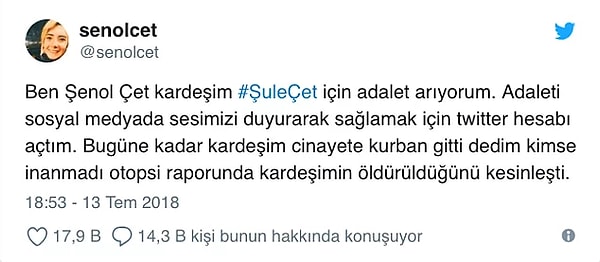 Hatırlayalım. Şule Çet davasında katil Çağatay Aksu haftalarca, aylarca gündemden düşmeyen #ŞuleÇetİçinAdalet hashtag'ini şikayet etmişti.