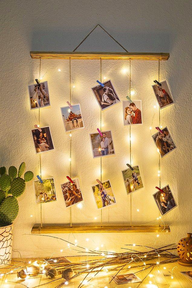 8. Sevdiklerinizin fotoğrafları her zaman gözünüzün önünde dursun, aynı zamanda evinizi aydınlatıp hoş bir dekor olsun isterseniz bu ipli çerçeveye bir göz atın.