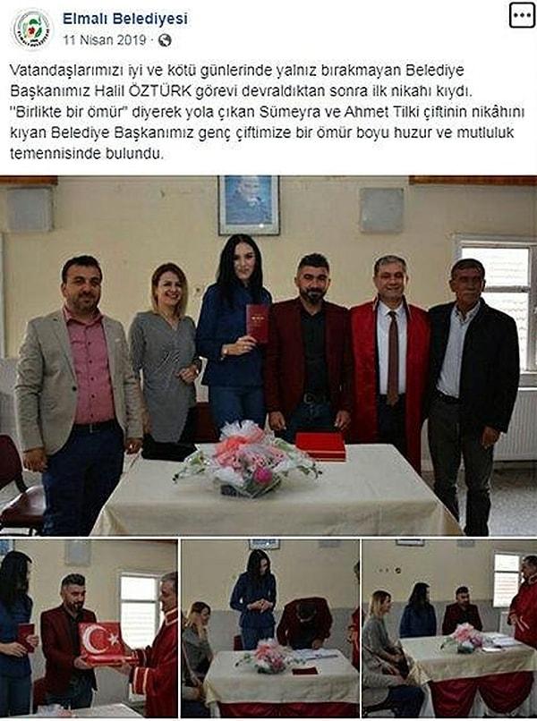 Başkan Öztürk, kıydığı ilk nikâh törenini belediyenin sosyal medya hesabından da paylaştı. Çifte mutluluk diledi. 👇