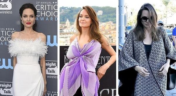 2. Angelina Jolie geniş omuzlarını ve dar kalçalarını gizleyen kıyafetler tercih ediyor.