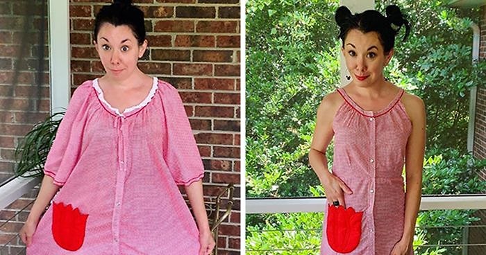 Женщина превращает одежду, которую она купила в секонд-хенд за 1 доллар, в элегантные наряды (30 фотографий)