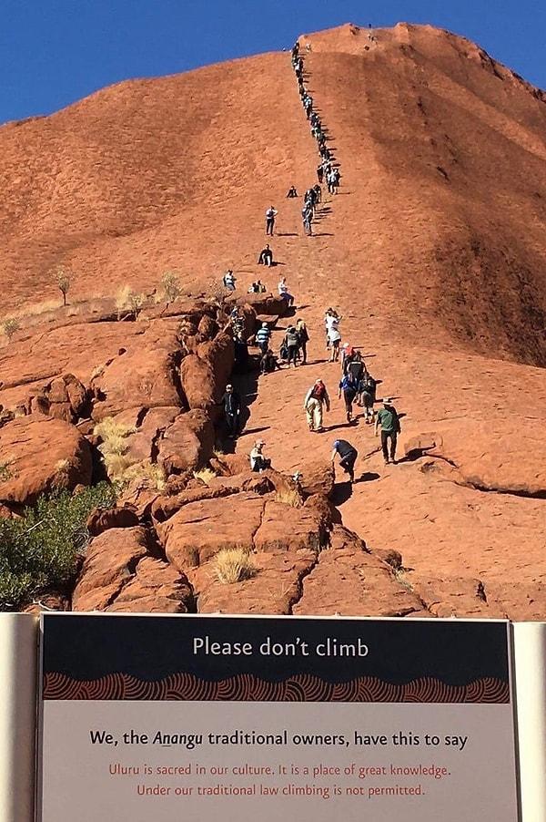 15. "Lütfen tırmanmayın." tabelasının arkasında dağa tırmanan insanlar...