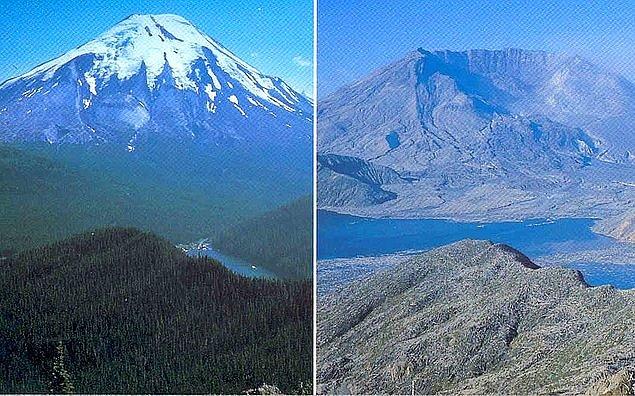 16. St. Helens Yanardağı, ABD. Solda püskürme öncesi, sağda ise sonrasındaki halini görüyoruz.