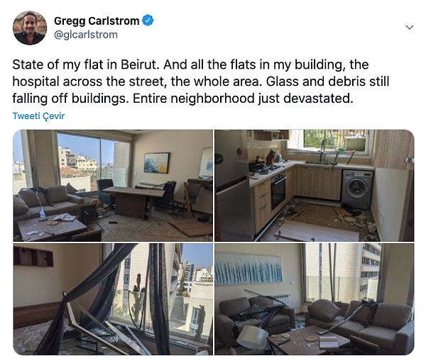 «Моя квартира в Бейруте. Все квартиры, улицы, больницы в здании, в котором я живу. Окна и щебень все еще падают со зданий. Весь район разрушен».