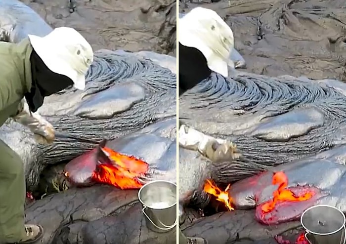 Aktif Bir Volkanın Lavlarından Örnek Toplayan Jeolog