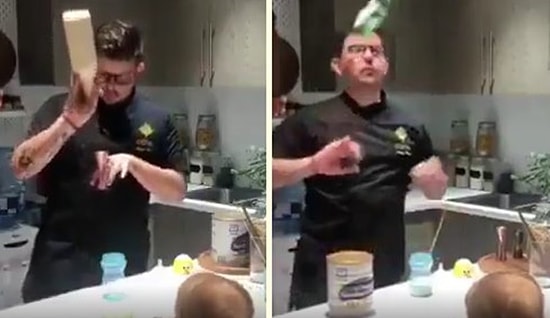 Bir Barmen Edasıyla Kokteyl Hazırlıyormuş Gibi Çocuğuna Mama Hazırlayan Baba