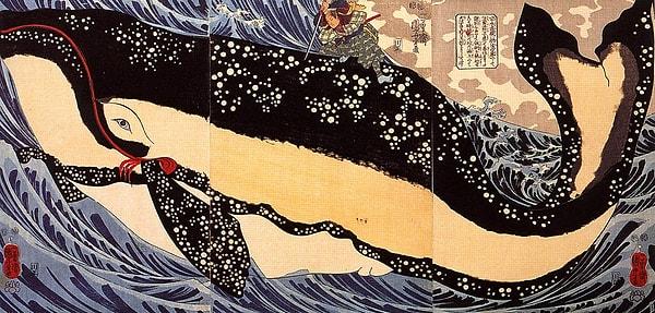 Resme dikkatle bakarsanız balinanın üzerinde Japonların gelmiş geçmiş en ünlü samurayı Miyamoto Musaşi'yi göreceksiniz.