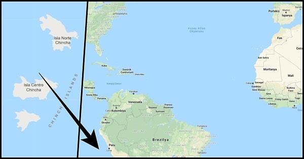 Tahminimce ilk defa adını duyduğunuz Chincha Adaları'nın yerine bir bakalım istedim. Adaların toplam yüz ölçümü aşağı yukarı 2,5 kilometrekare ediyor ve Peru'nun 21 kilometre batısında kalıyor.