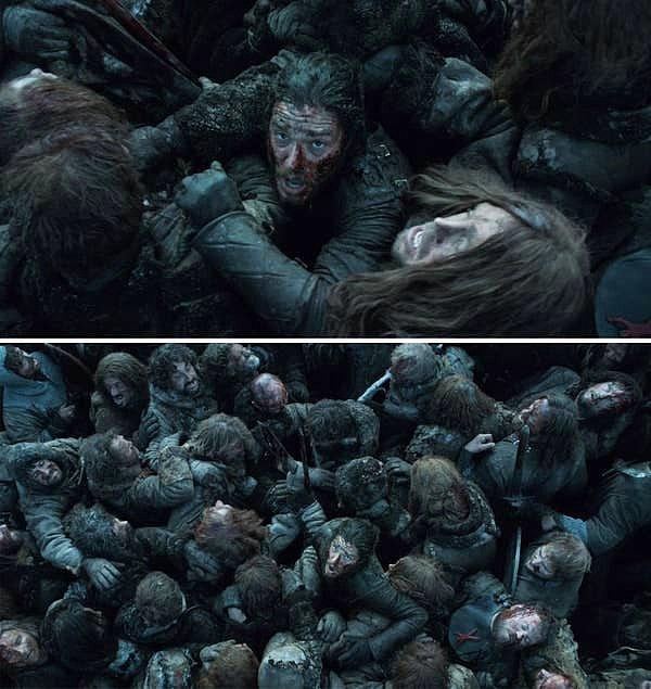 6. 'Game of Thrones'da, 'Battle of the Bastards' esnasında Jon'un yüzlerce vücut arasında kaldığı o sahne.