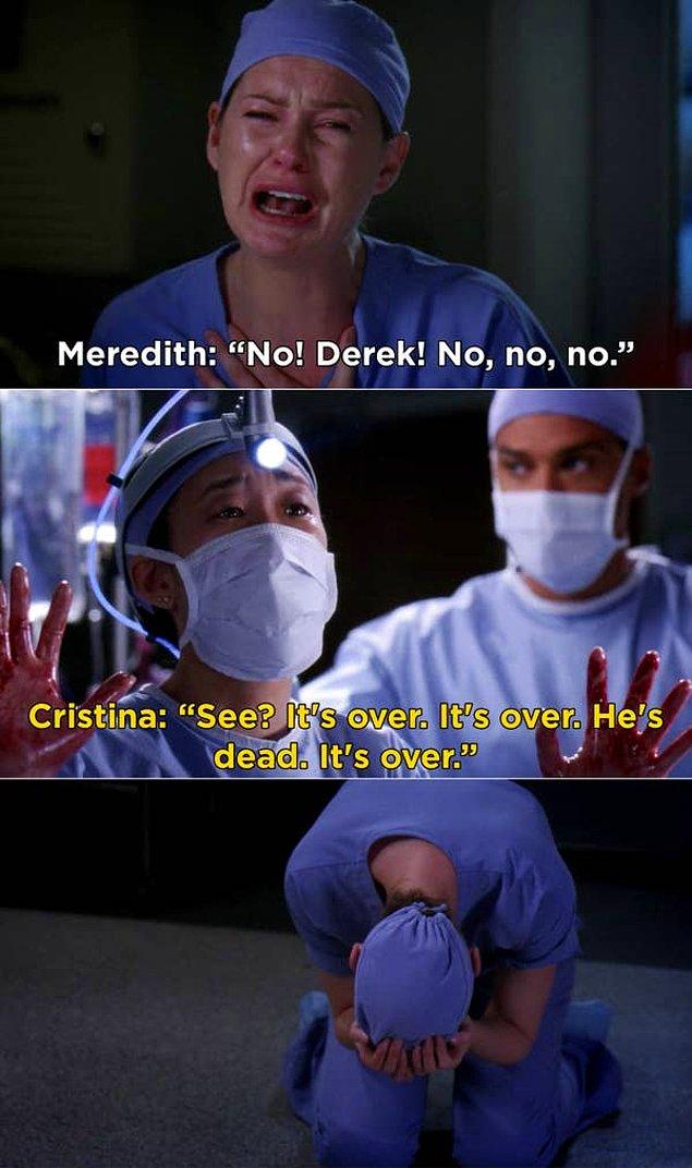 9. 'Grey's Anatomy'de, silahlı adamın Christina'yı operasyonu bırakması için zorlamasının ardından Meredith'in Derek'i öldü sandığı sahne.