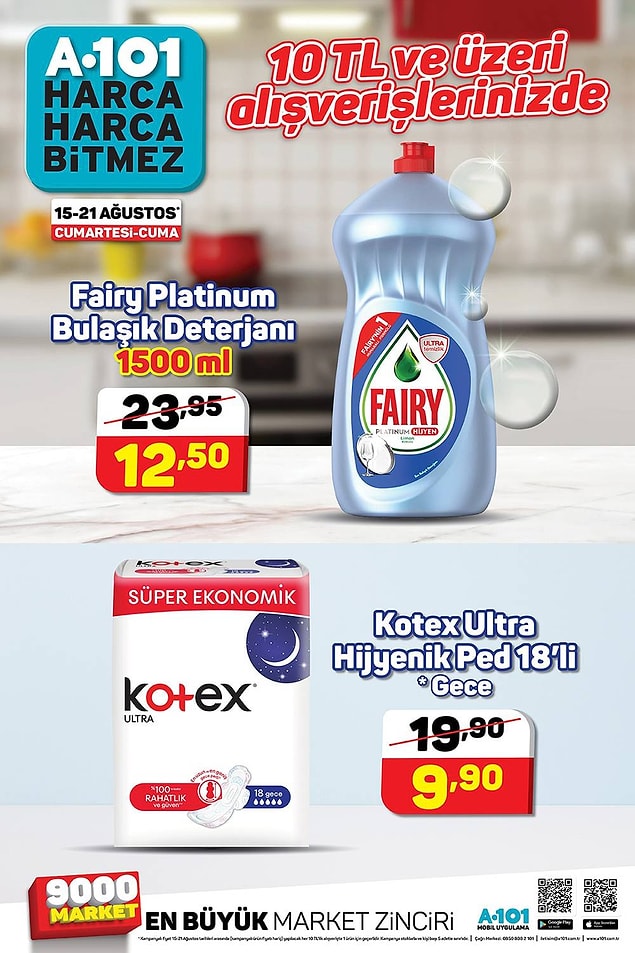 1500 ml Fairy Platinium Bulaşık Deterjanı ve ve 18'li Kotex Ultra Hijyenik Ped de 10 TL'lik alışverişinizde indirimli.