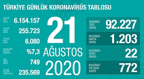 Koronavirüste Bugün: 22 Can Kaybı, 1203 Yeni Vaka