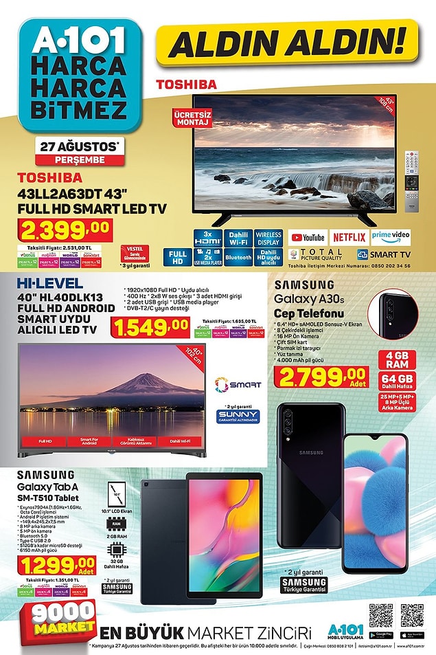 2 farklı televizyon ve 2 farklı telefon uygun fiyat ve taksit seçenekleriyle 27 Ağustos'da A101'lerde olacak.
