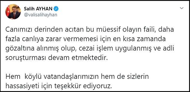 Sivas Valisi Salih Ayhan ise Twitter hesabında, Ş. B.’ye cezai işlem uygulandığını soruşturmanın sürdüğü bilgisini verdi.
