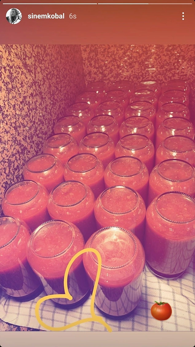 Şu dönemde kabuğuna çekilen Sinem Kobal, geçtiğimiz gün kış için hazırlanmış domates sosu konservelerini paylaştı!