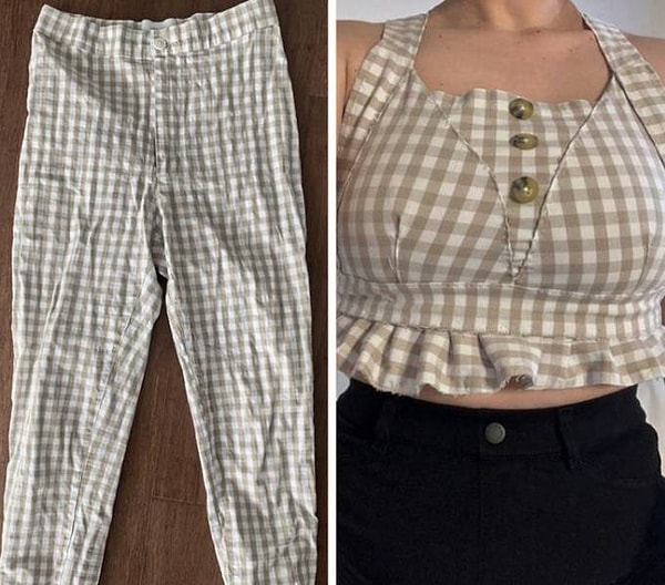 «Взяла старые штаны и превратила их в топик! У меня нет швейной машины, так что все сшито вручную»